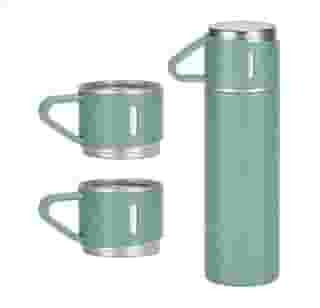 Kit Garrafa Térmica Inox 500ml com 3 Xícaras Portátil Ideal para Camping Viagem e Uso Diário (Verde)