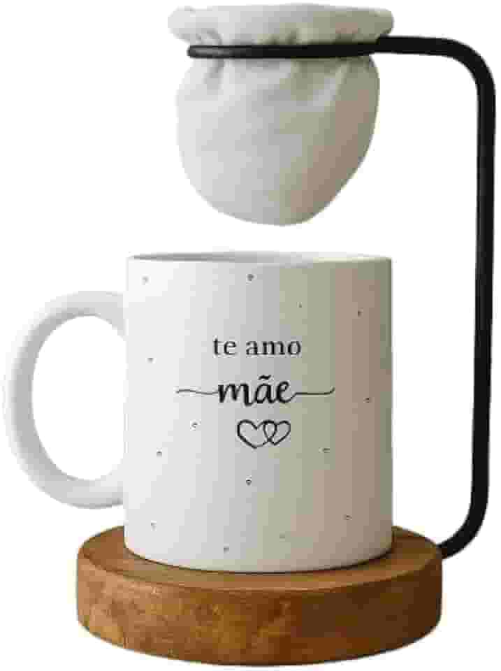 Kit Dia das Mães, Caneca 'Te Amo Mãe' com Mini Coador de Café, Base em Madeira