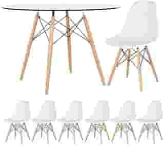 Loft7, Mesa redonda Eames com tampo de vidro 120 cm + 6 cadeiras Eiffel DSW Branco