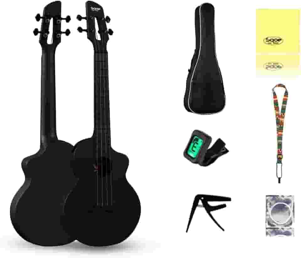 ANVAR VEDO Ukulele Profissional Sqoe 23" em Fibra de Carbono, Kit Completo com 6 Acessórios - Resistente, Portátil e Compatível com Todos os Níveis (Pacote de 1) (Preto)