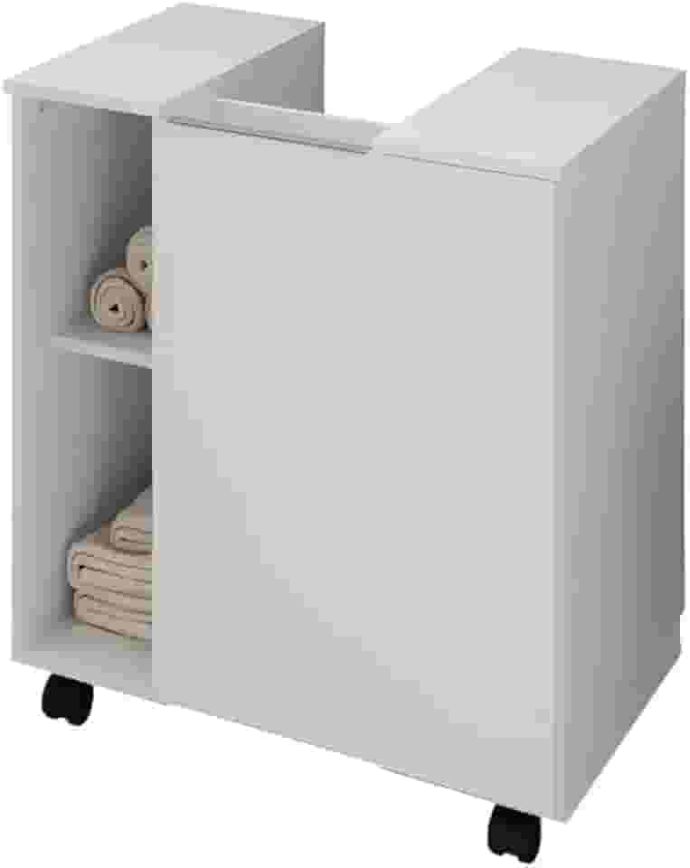 Gabinete Banheiro Para Pia De Coluna Com Rodinhas Armario Moderno E Organizador Com 1 Porta Nichos e Rodízios Pequin (Branco)