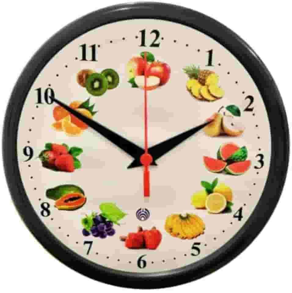 Relógio de Parede Redondo Decorativo, Frutas, Branco com Moldura Preta, 25cm, para Cozinha e Área Gourmet