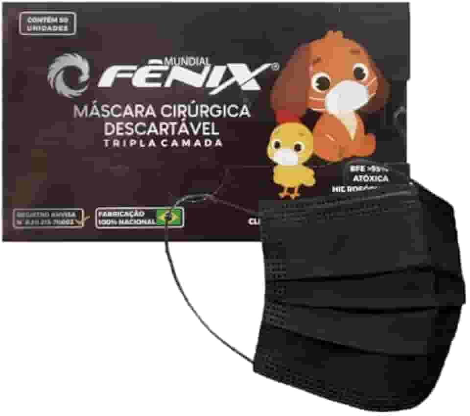 Mascara descartável tripla camada Fênix preta infantil com 50
