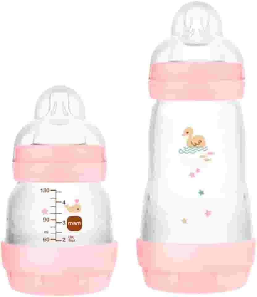 MAM Baby Kit 2 Mamadeiras Easy Start Starter Set Anticólica e Menos Bolhas de Ar, para Crianças 0+ Meses Autoesterilizável e com Bico de Silicone Skinsoft, Rosa