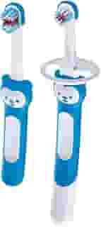 MAM Baby Kit Com 2 Escovas de Dentes Learn to Brush, 1 Com Cabo Alongado e 1 Com Cabo Curto, para Crianças de 5+ Meses Com Cabo Ergonômico e Fácil de Segurar, Azul