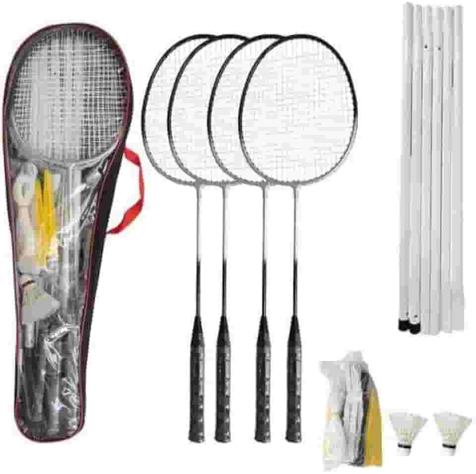 Kit Badminton Pro 4 Raquetes 2 Petecas C/Rede E Suporte