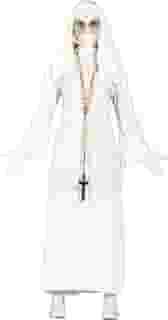 Fantasia Padre Feminina Adulta de Halloween Roupa de Freira Branca Fantasma Vestido Longo Com Véu Medieval