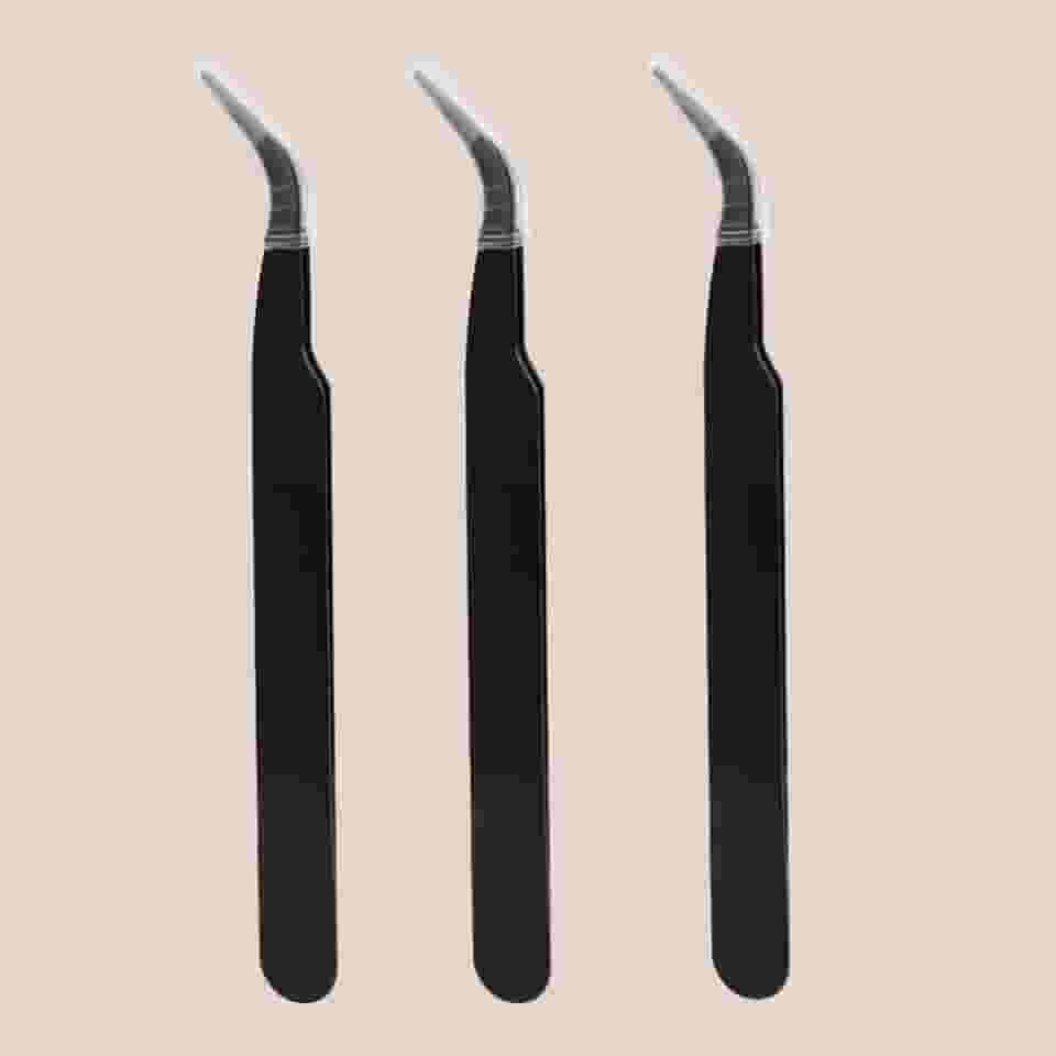 Pinça de cílios de precisão, 3 peças, antiestática, aço inoxidável, ferramentas profissionais de decoração de unhas para extensão de cílios (dobra)