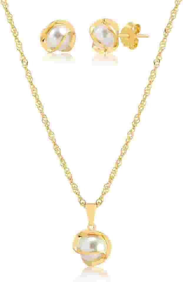 Conjunto Colar E Brinco Com Pingente de Pérola Folheado A Ouro 18k