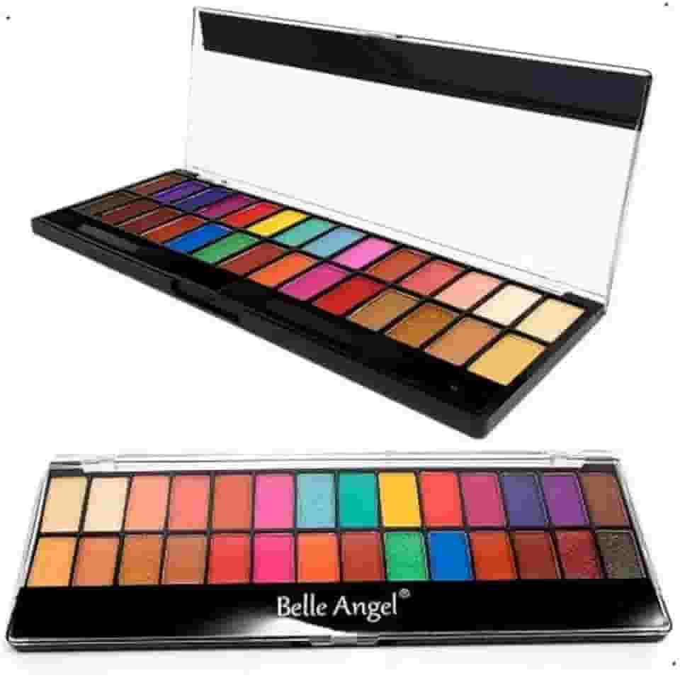 Belle Angel - Paleta de Sombras Coloridas Fosca e Acetinada 28 Cores Vibrantes + Pincéis Profissionais Acabamento Matte e Cintilante Ideal para Looks Artísticos e Festas Estojo com Espelho