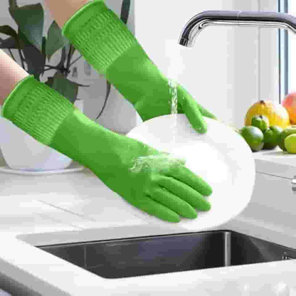 Luvas de borracha para limpeza com punhos longos, à prova d'água, para lavar louça, luvas domésticas com aderência para cozinha e banheiro (verde, P)