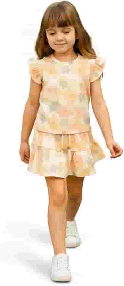 Conjunto Infantil Verão Feminino Jardim Encantado Camiseta com Babado + Short em Barra Godê Para Meninas Tamanho 1 à 7 anos