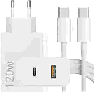 Carregador Super Turbo 120W Tipo C Porta Dupla (USB-C + USB-A) + Cabo USB C de 1m, Compatível com Iphone,Ipad,Macbook,Android, Tablets, Notebooks Ultra Rapido Premium
