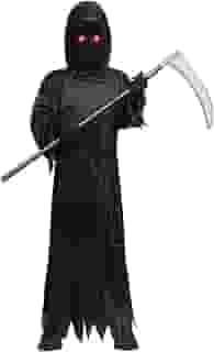 Fantasia de ceifador Heay para crianças Halloween com olhos vermelhos iluminados (12 – 14 anos, preta)