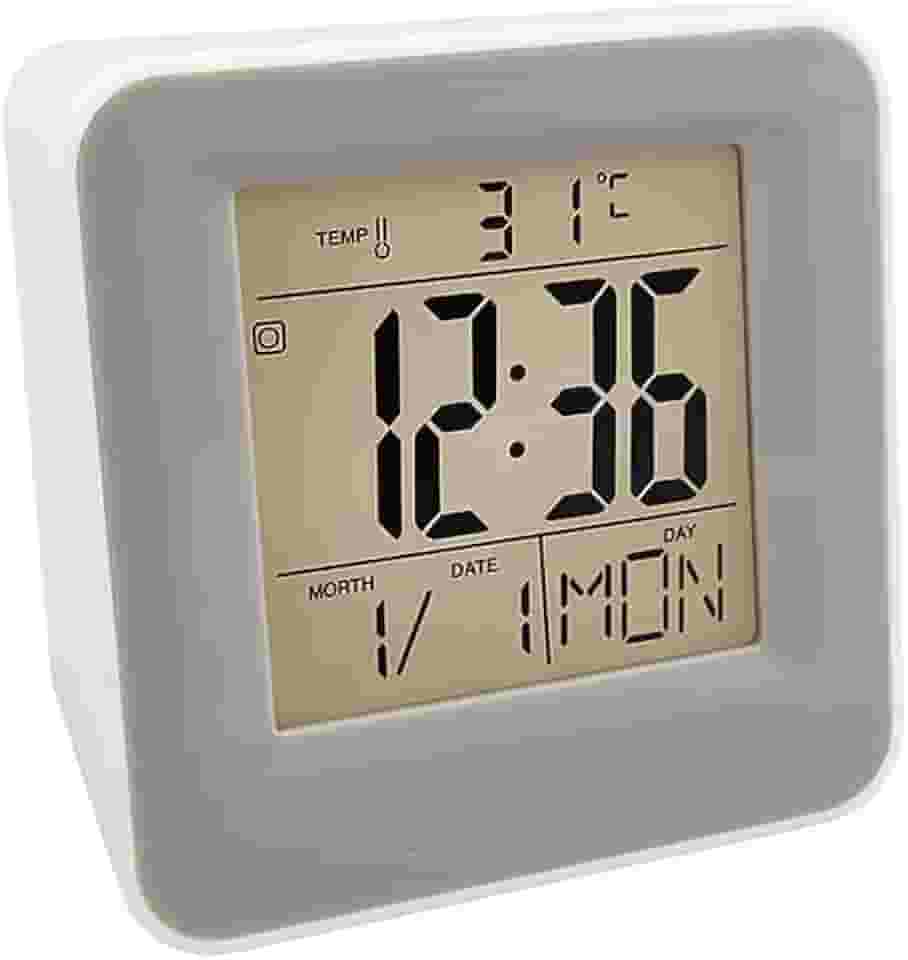 Relógio Despertador Mini Multifuncional com Display LCD, Luz Noturna e 8 Toques Diferentes – Portátil e Econômico Alimentado por pilhas com Sensor Inteligente Som e Função Touch (Branco)