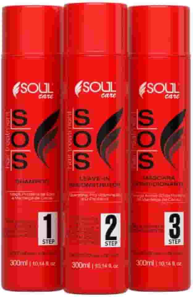 Kit SOS Tratamento Capilar Profissional Reconstrução Cauterização Antiemborrachamento Pós-Química Soul Care - Shampoo, Reconstrutor e Máscara (300mg)