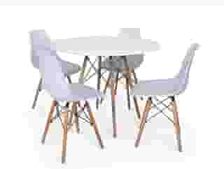 Mesa de Jantar Redonda Eiffel 90cm com 4 Cadeiras Charles Eames, Design Moderno, Base em Madeira, para Cozinha e Sala de Jantar (Mesa Branca/Cadeiras Brancas)