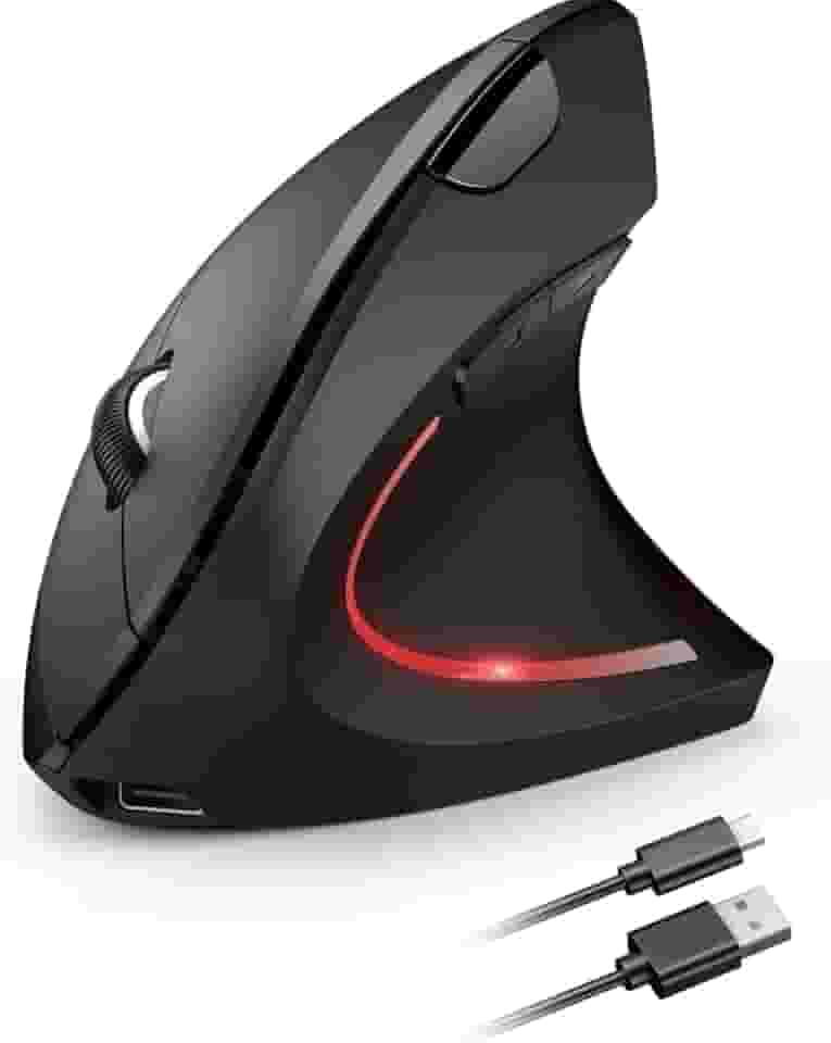 Mouse Vertical Ergonômico, Sem Fio, 1600 DPI, Mouse Ortopédico Bluetooth 2.4G, 6 Botões, Posição da Mão Correta, Evita Inflamações no Pulso e Tendões, Trabalho, Jogos e Estudos, Recarregável USB