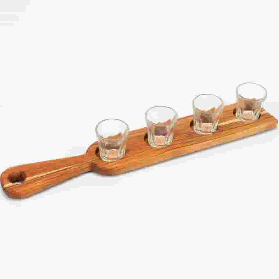 Kit 4 Copos Tequila Shot Cachaça Suporte Madeira Decorativo