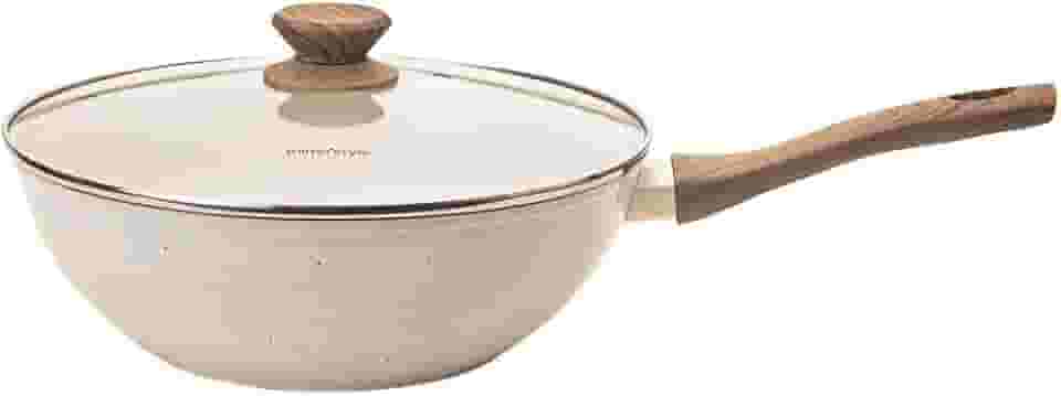 Mimo Style Wok Linha Cook 28cm/4,15L - Estrutura em Alumínio Revestida em Cerâmica, Fundo de Indução. Cabo Soft-Touch, Não Esquenta. Funciona em Fogão a Gás, Elétrico e Indução (Marmol - Vanilla)