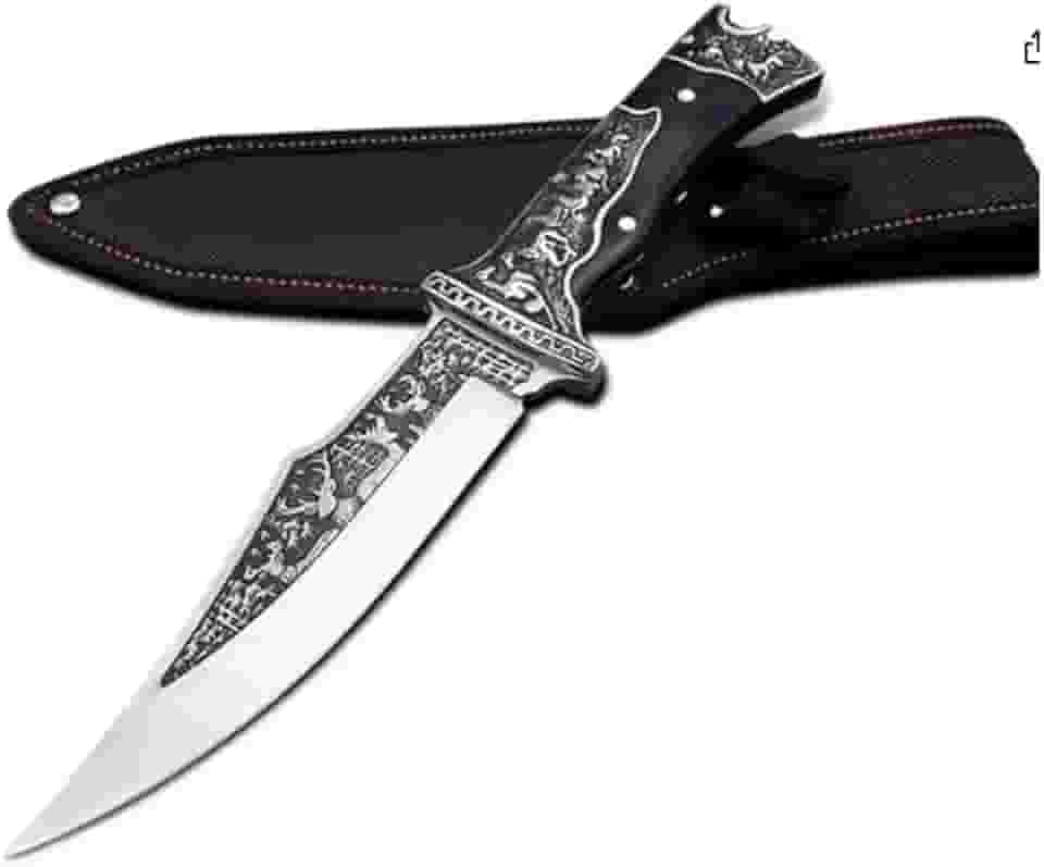 Faca Artesanal Damasco com Bainha, Inox e Madeira, 27cm Comprimento Total, Lâmina 15cm, para Culinária Profissional