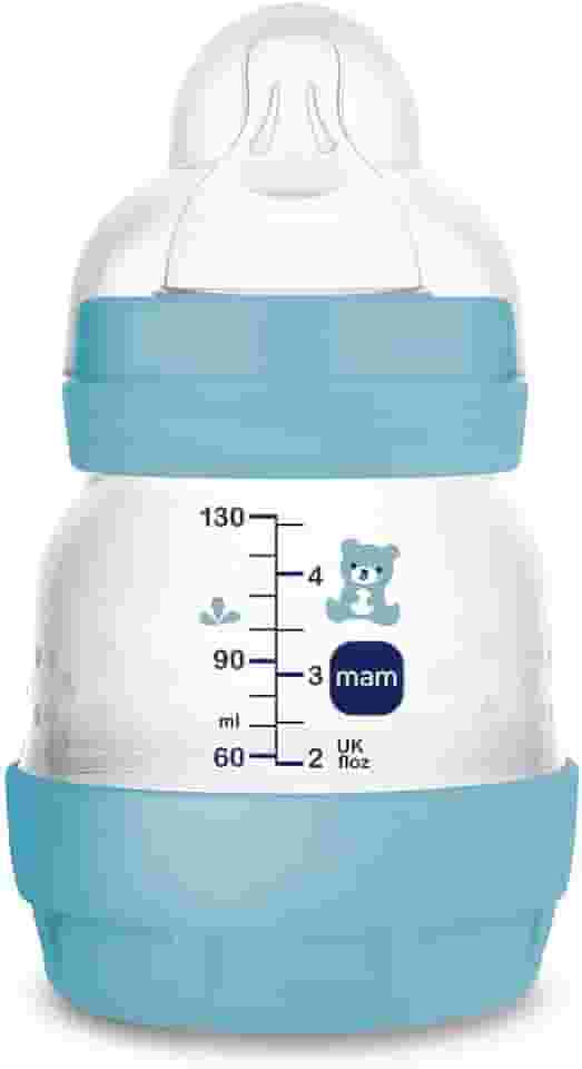 MAM Baby 1 Mamadeira Easy Start 130ml Anticólica e Menos Bolhas de Ar, para Crianças 0+ Meses Autoesterilizável e com Bico de Silicone Skinsoft, Azul Oceano