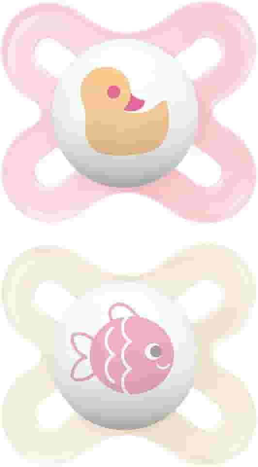 MAM Baby Kit com 2 Chupetas Original Start Com Bico Simétrico de Silicone SkinSoft para Crianças 0-2 Meses Com Caixa Esterilizadora, Rosa e Branco