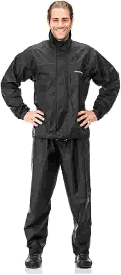 Capa de Chuva de Nylon com Gola PANTANEIRO 1000, Conjunto Impermeável para Motociclista, Preto, Jaqueta e Calça de Chuva com Faixa Refletiva, para Uso Externo