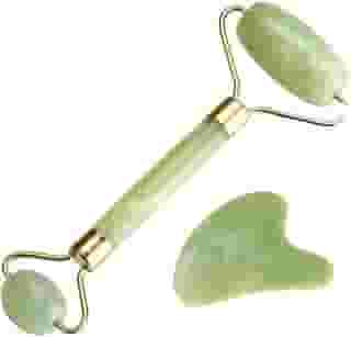 Massageador Facial 2 Em 1 Rolo de Jade + Pedra Gua Sha Redução de Rugas e Estresse Anti Rugas Anti Estresse Para um Skincare Completo Linha Premium