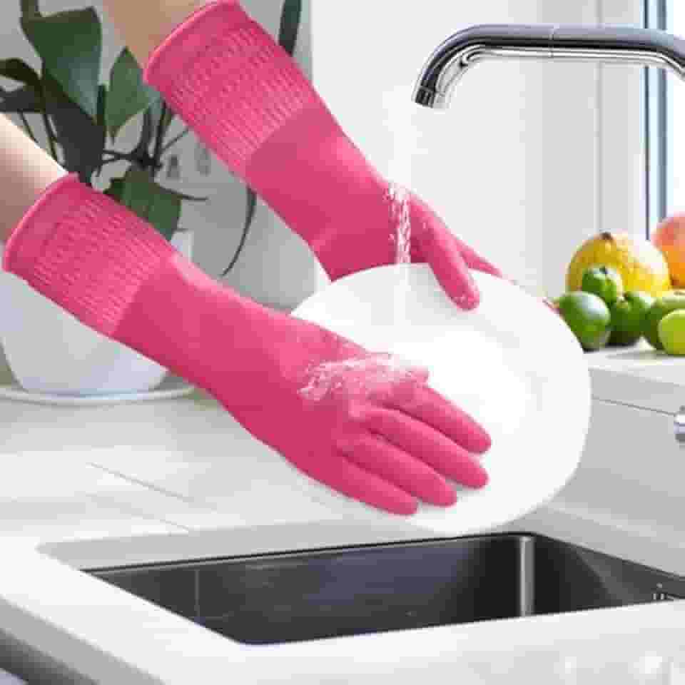 Luvas de borracha para limpeza com punhos longos, impermeáveis para lavar louça, luvas domésticas com aderência para cozinha e banheiro (rosa, G)