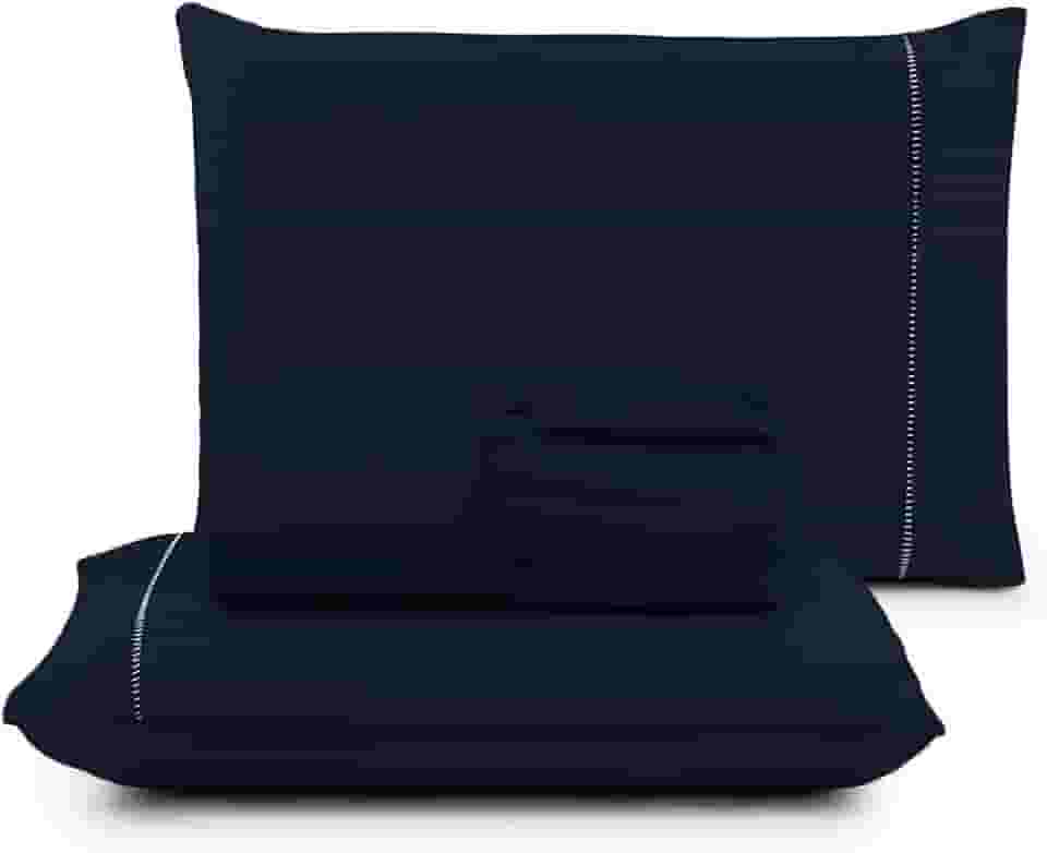 Jogo de Lençol Casal 3 Peças Micropercal 400 Fios, Acabamento em Ponto Palito, Toque Acetinado de Hotel, Antiácaro, Não Amassa, Lençol com Elástico, Não faz bolinha, Extra Macio. (Azul Marinho)