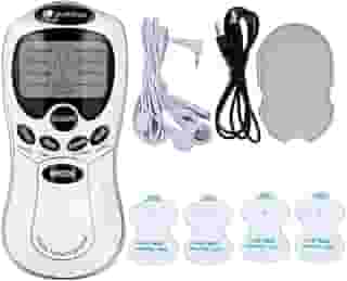 Aparelho de Massagem por Choque TENS e FES com 4 Eletrodos - Massageador Muscular Portátil para Alívio de Dor e Reabilitação