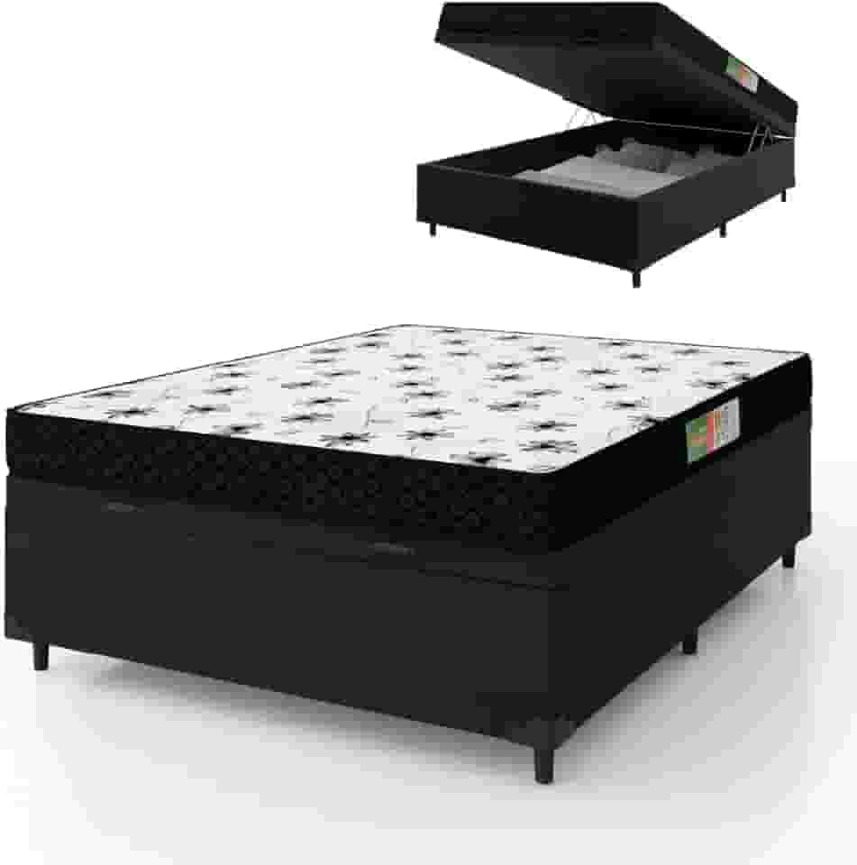 Cama Box Com Baú Casal Colchão Espuma 138x188x53cm Polar Branco/Preto