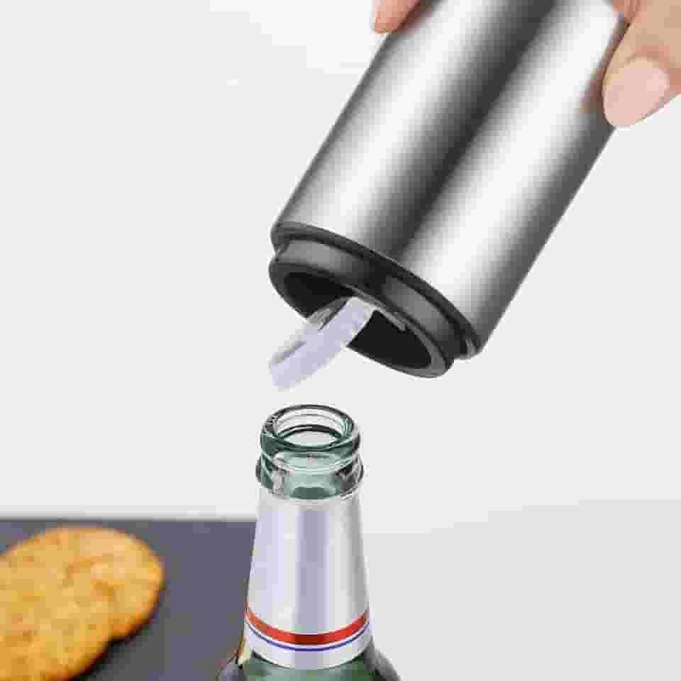 Abridor Automático de Garrafas em Aço Inoxidável com Coletor Magnético de Tampas – Prata