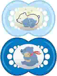 MAM Baby Kit Com 2 Chupetas Original Day & Night Com Bico Simétrico de Silicone SkinSoft para Crianças 16+ Meses Autoesterilizável em 3 Minutos, Azul