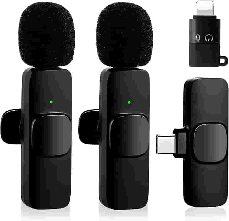 Microfone de Lapela Sem Fio Bluetooth Kit 2 Microfonones Abafamento de Ruído Até 10 Horas Tempo de Trabalho Compatível com Camera, iPhone, Android, PC - Conexão Android e USB-C - Linha AGold Premium