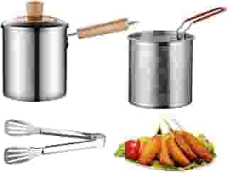 Frigideira de aço inoxidável 304 com cesta e alça de coador, fritadeira tempura japonesa, fritadeira para fritar peixe, camarão, frango e batatas fritas (prata-1)