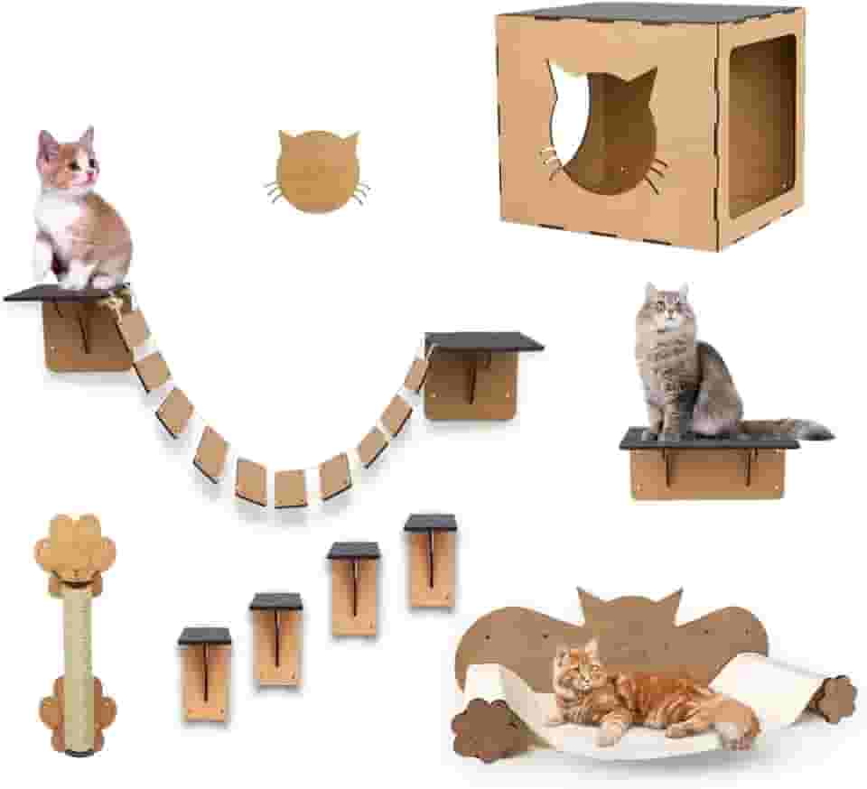 BOXFAN Kit playground para gatos 9 peças, inclui nicho, arranhador, degraus, rede, prateleira e ponte em mdf, móveis e brinquedo para diversão e conforto pet