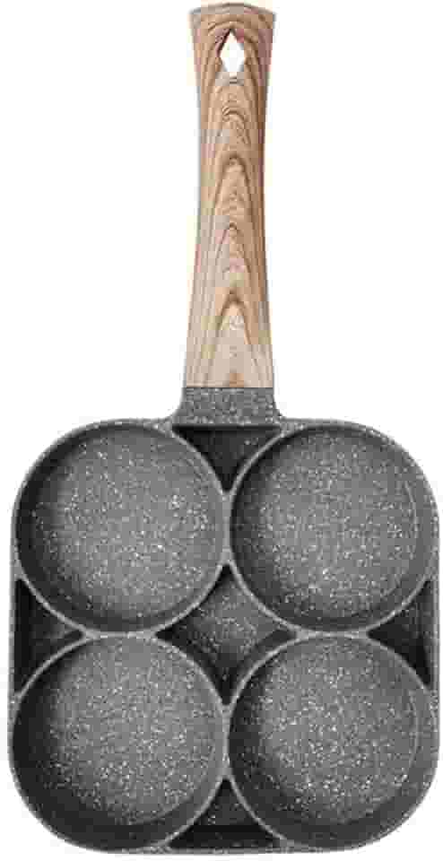 Panela de ovo frito e grelhar panquecas, antiaderente, com cabo de madeira, 4 furos, para saute de vegetais, carnes, peixes e hambúrgueres, cinzenta, lavagem manual