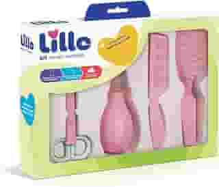 Lillo Kit De Higiene Para Recém Nascido com Aspirador Nasal, Tesoura, Pente e Escova de Cabelo, Rosa