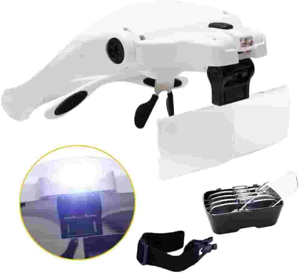 OCULOS LUPA DE CABECA PALA PROFISSIONAL COM 5 LENTES E 2 LEDS BRANCA PARA DENTISTAS, ESTETICA WRITE E MEDICOS