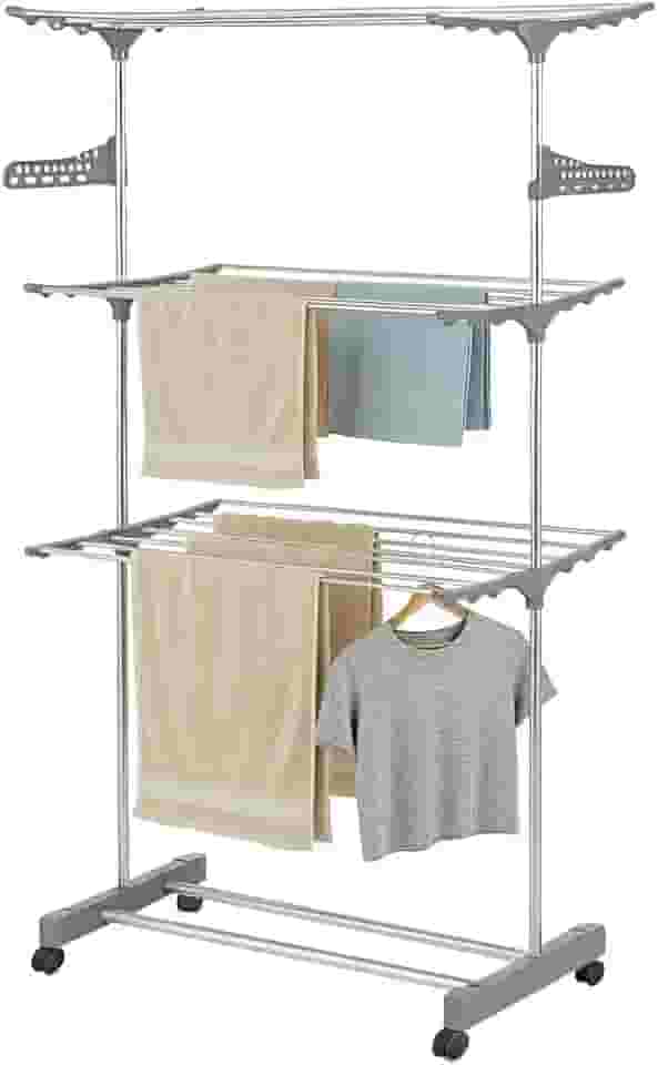 Varal de Chão 3 Andares Dobrável com Rodinhas para Roupas Cabides Toalhas Retrátil Premium