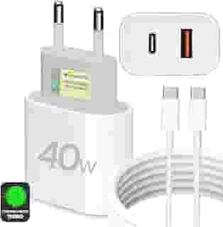 Fonte Carregador Turbo 40W com Cabo Tipo Usb-C-Usb-C 1m Android Rápido 3.1A Bivolt Compatível Com Iphone 15 Samsung Motorola Xiaomi LG