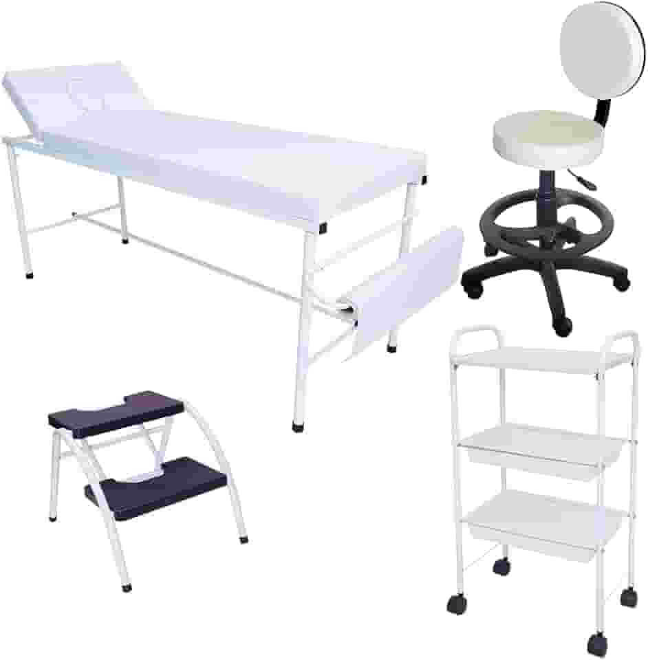Kit Estética Branco Maca Fixa, Mocho, Escada e Carrinho Auxi