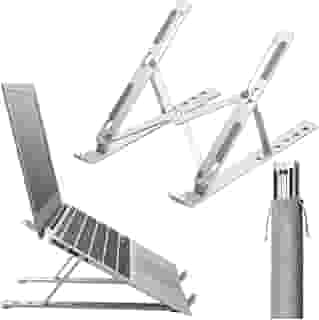 Suporte para Notebook Tablet Linha Premium em Alumínio Dobrável e Ergonômico Para Mesa Portátil Ajustável 6 Ângulos com Apoio Universal Compativel Ipad, Hp, Dell,Lenovo-Com estojo para armazenagem