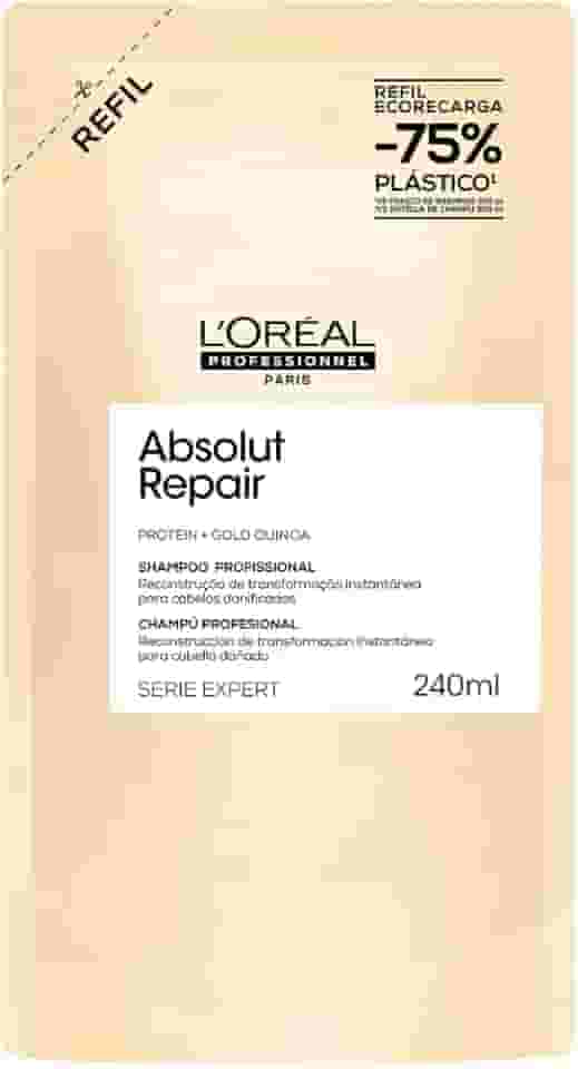 L'Oréal Professionnel Serie Expert Absolut Repair, Shampoo Reconstrutor para Cabelos Danificados e Finos Refil com Quinoa Dourada, Reparação Profunda e Brilho Intenso 240ml