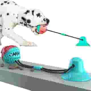 Brinquedo Pet Interativo para cachorro Cães Push Ball Pet Mordedor corda com bola porta petisco e ventosa cabo de guerra (Verde e Vermelho)
