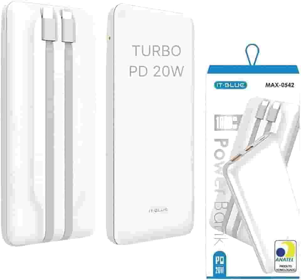 Power Bank 10000 mAh, Carregador Portátil Turbo 20W, Cabo Tipo C e iPhone Embutido, Botão Liga e Desliga, Entrada USB e Tipo C, Tecnologia Power Delivery, Carregamento Super Rápido - MAX-0542