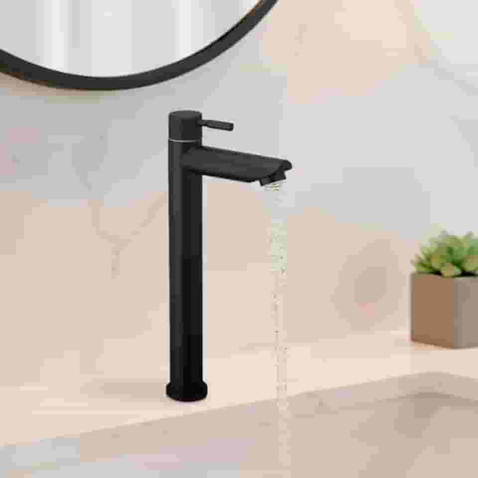 Torneira Para Banheiro De Mesa Bica Alta 1/4 De Volta Aço Inox 304 Elegance Beltempo (Preta Fosca)