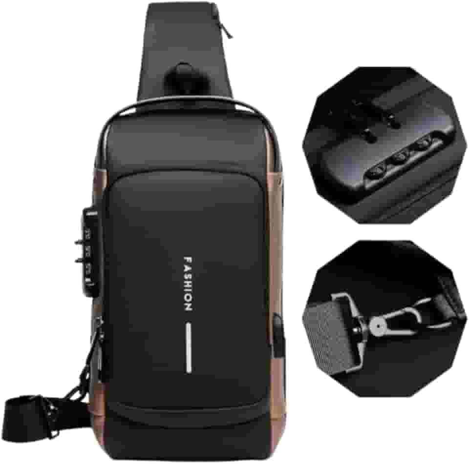 Bolsa Masculina Pochete de Couro Antifurto, Impermeável, com USB, Transversal, Couro, Anti-Roubo, Esportiva, Academia (Preto com Dourado)